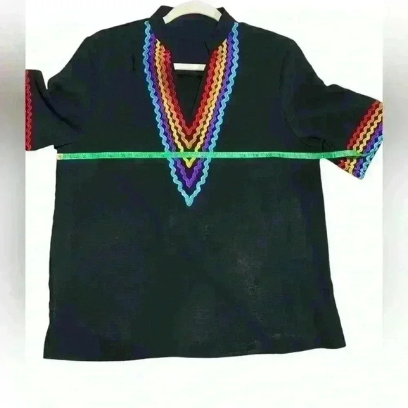 Women's Casual Boho Embroidered V-Neck Short Sleeve Shirt Fall Blouse - Picture 6 of 7